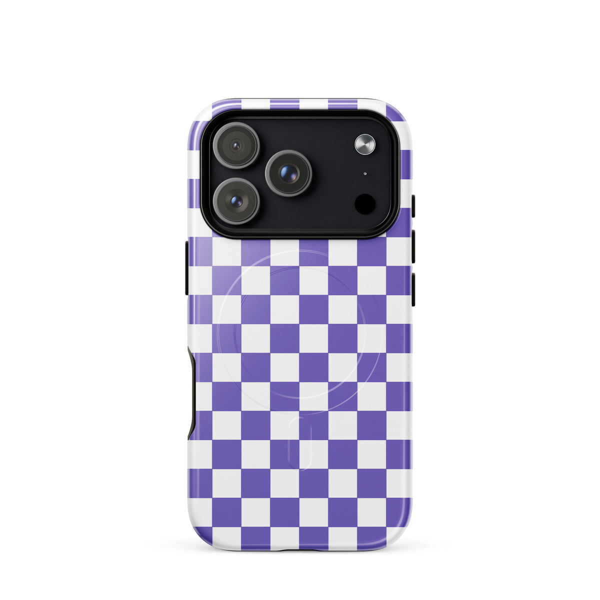 Magnetic Phone Case for iPhone with purple and white checkered design, stylish and playful accessory