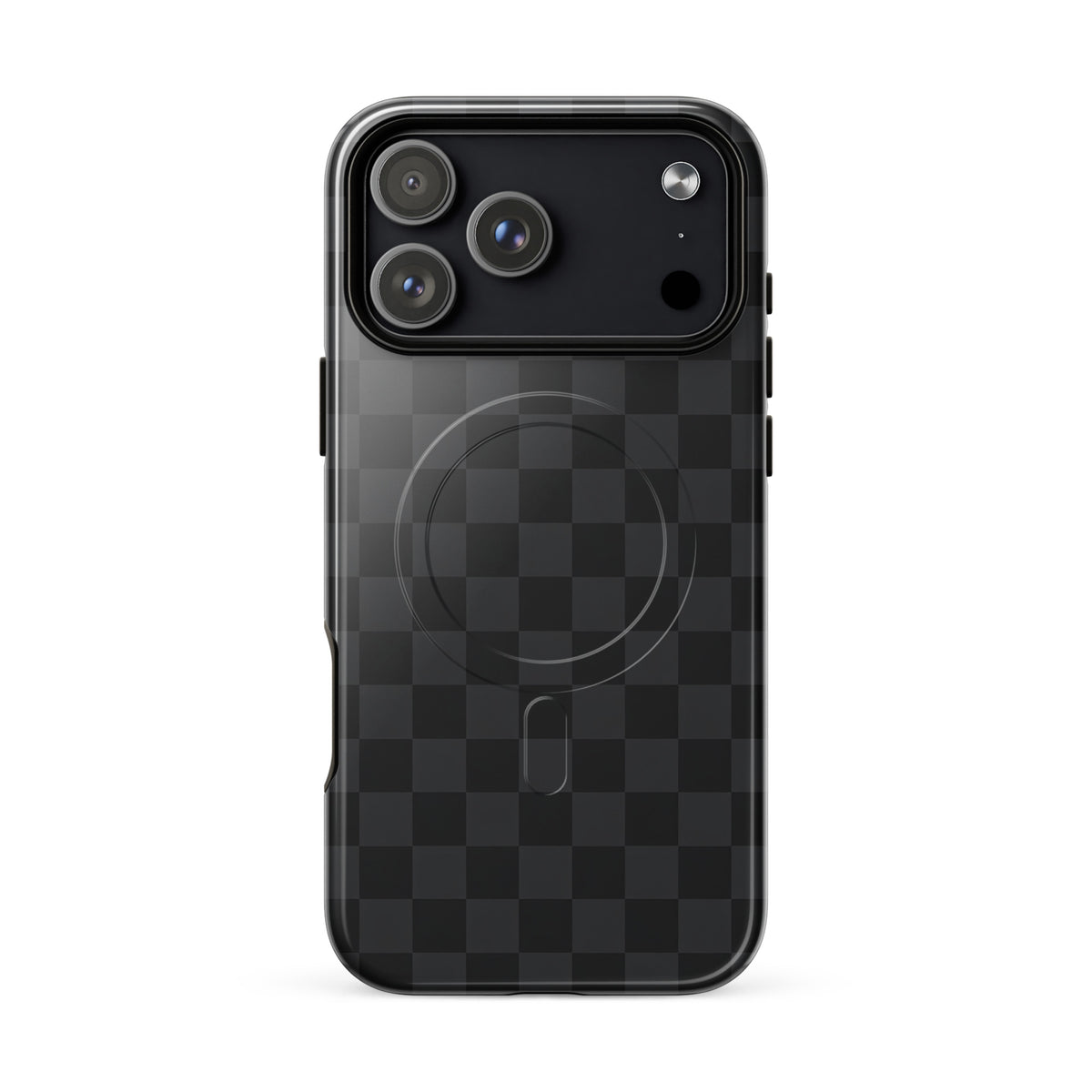Magnetic Phone Case for iPhone with black and charcoal checkered design, offering sleek protection and modern style.