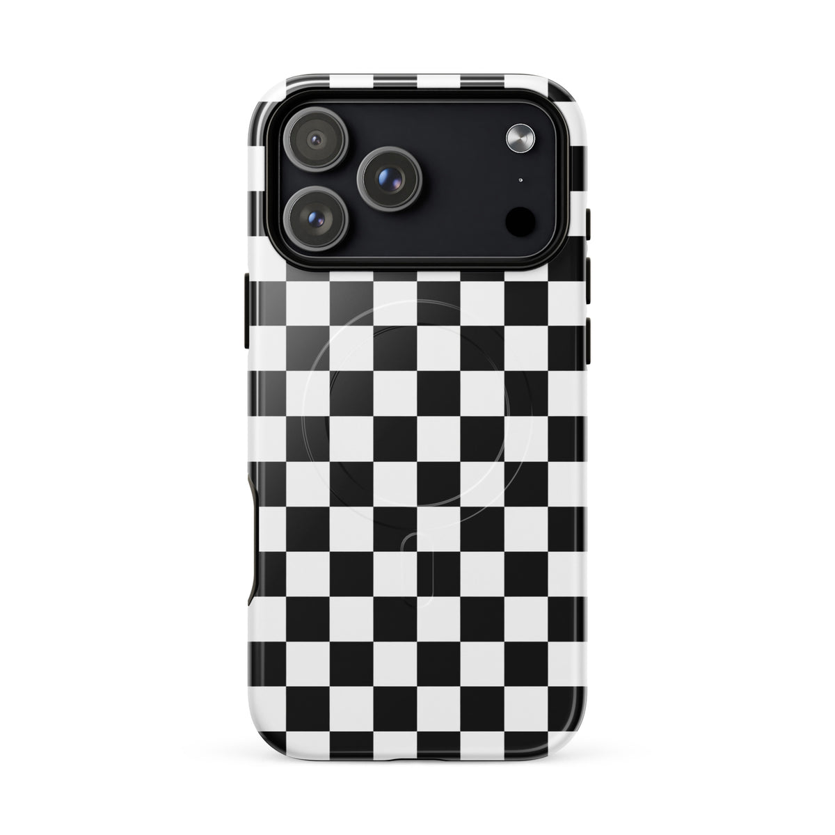 Magnetic Phone Case with bold black-and-white checkered pattern for iPhone, offering style and a playful racing vibe.