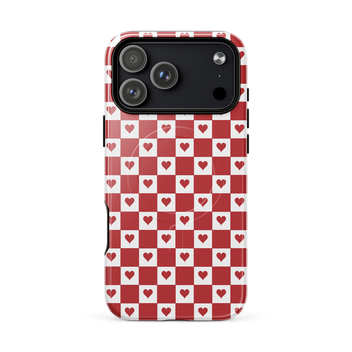 Magnetic Phone Case with cute red heart checkered design for iPhone, featuring charming red and white squares with tiny crimson hearts.
