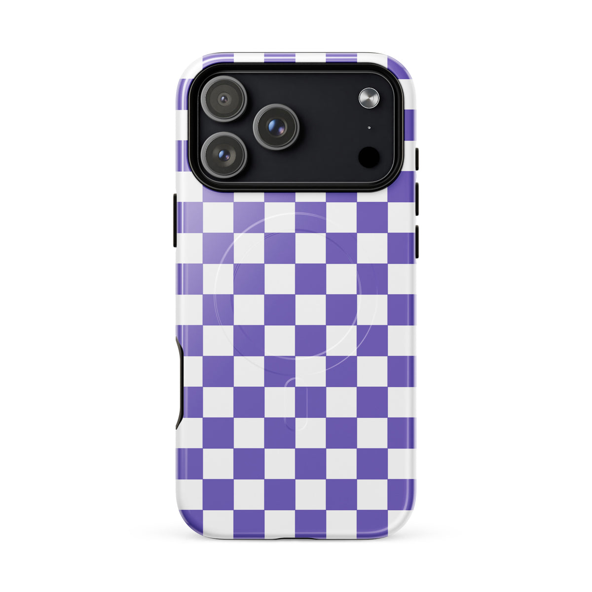 Magnetic Phone Case for iPhone with purple & white checkered pattern, stylish and playful accessory.