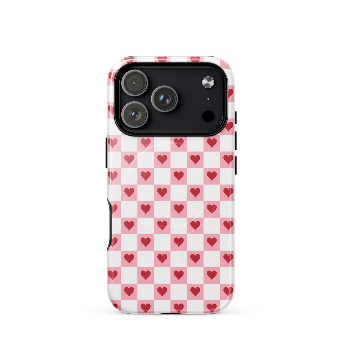 Magnetic Phone Case for iPhone with pink-and-white checkered design and red hearts pattern, enhancing phone protection and style.
