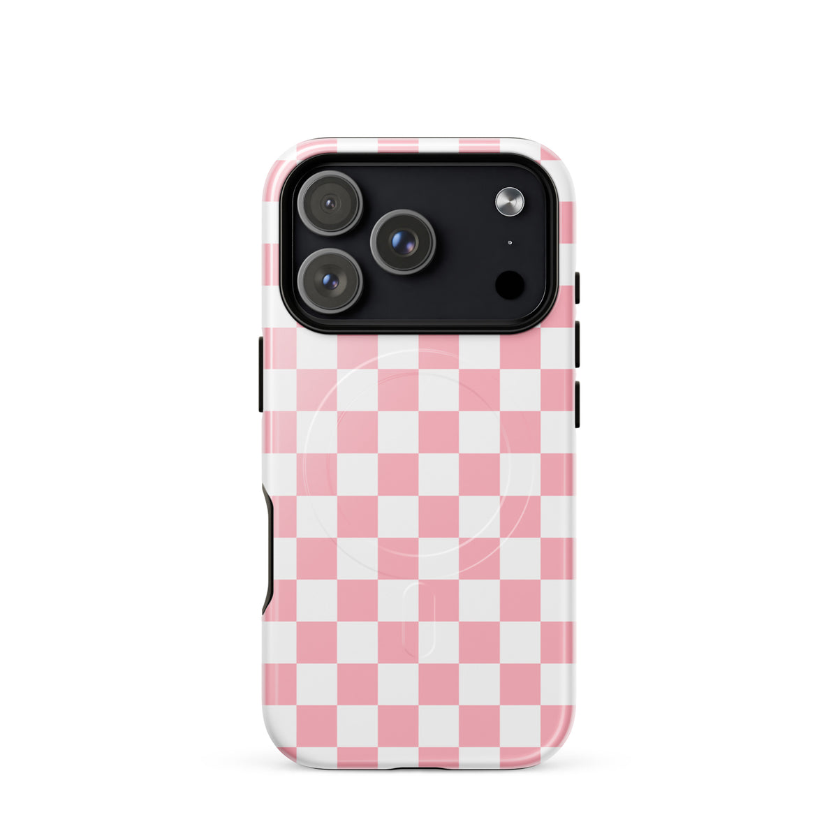 Magnetic Phone Case for iPhone, pink and white checkered pattern, adds fun and vibrant style to your device.