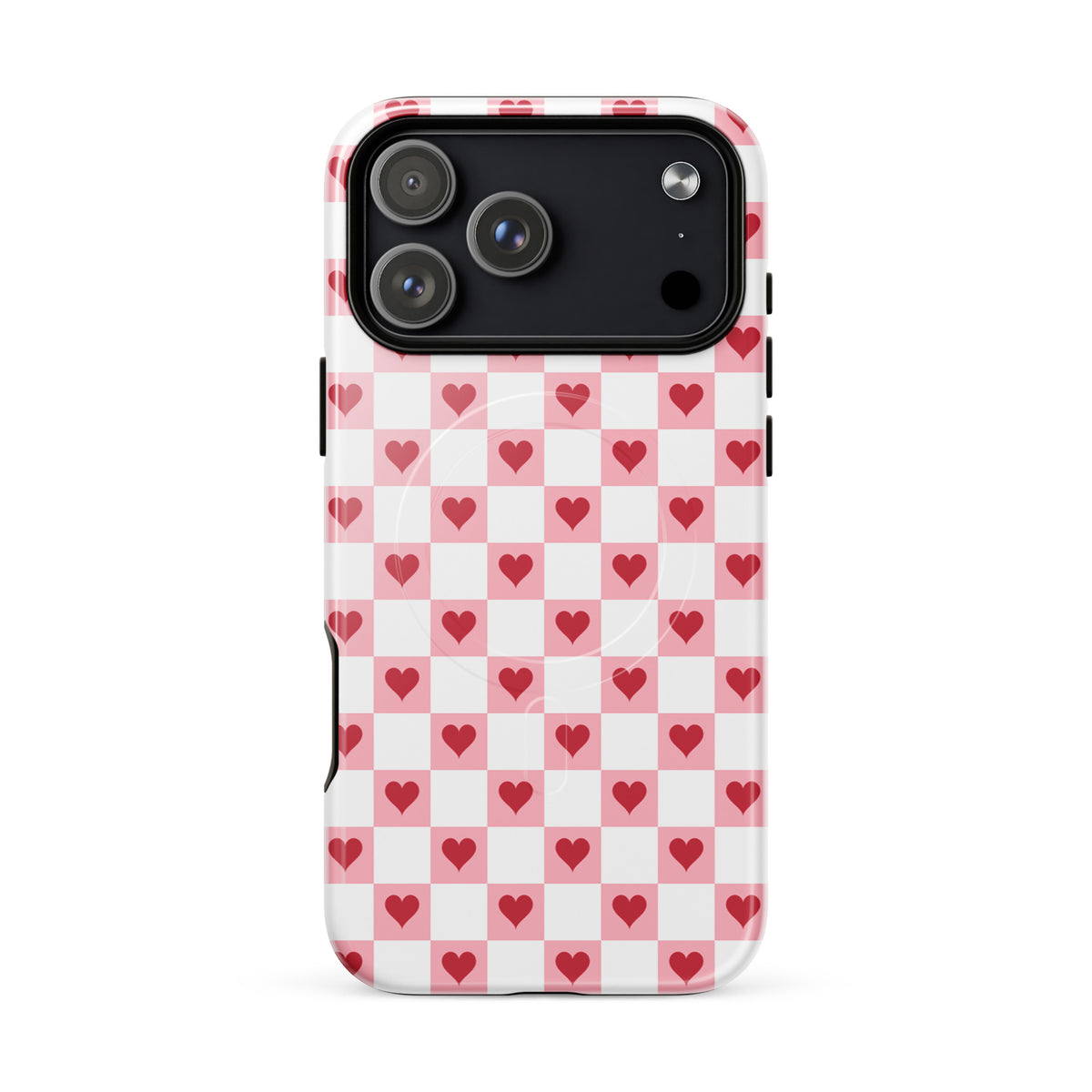 Magnetic Phone Case for iPhone with pink-and-white checkered pattern and red hearts design