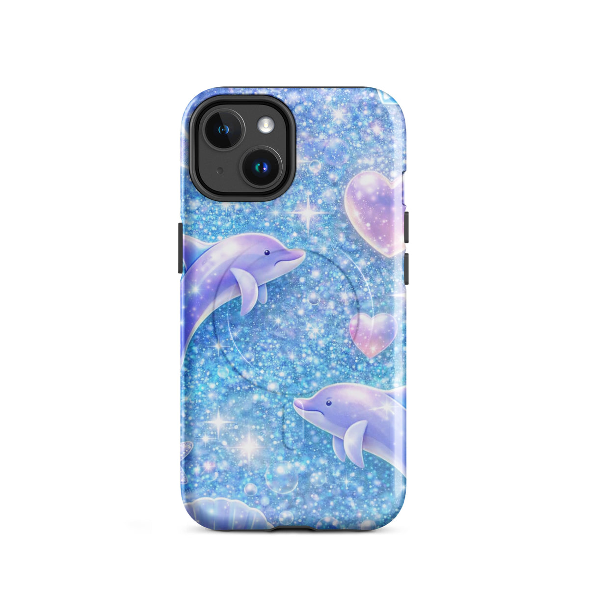 Magnetic Phone Case for iPhone with Ocean Glitter Dolphins design featuring shimmering liquid glitter and playful dolphin graphics.