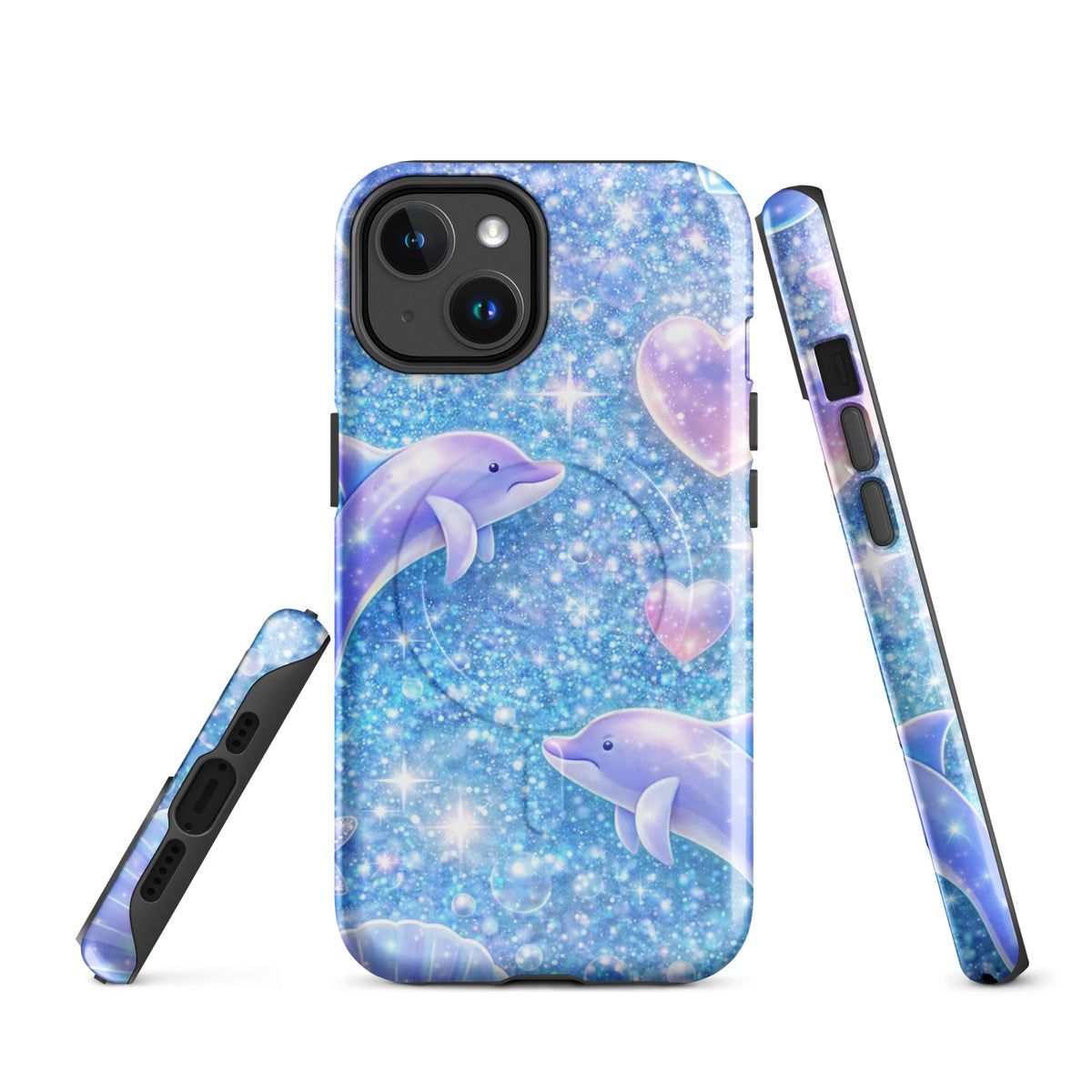 Magnetic Phone Case with ocean glitter design, featuring dolphins, pastel moons, and celestial accents for iPhone.