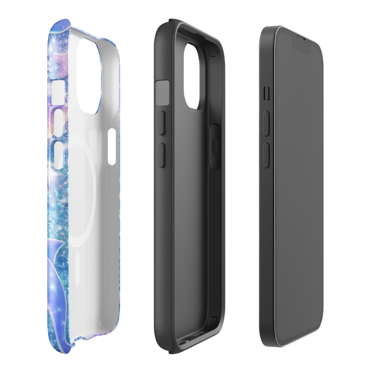 Ocean Glitter Dolphins Magnetic Phone Case for iPhone with celestial accents and shimmering design.