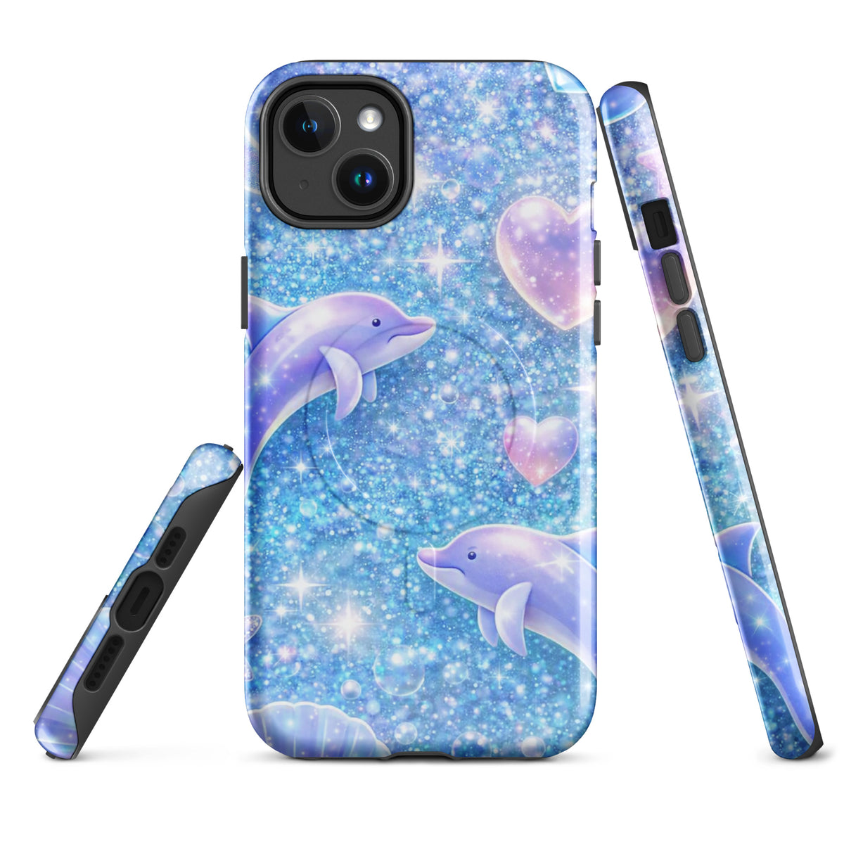 Magnetic Phone Case with Ocean Glitter Dolphins design, featuring shimmering glitter, dolphins, and celestial accents for iPhone.
