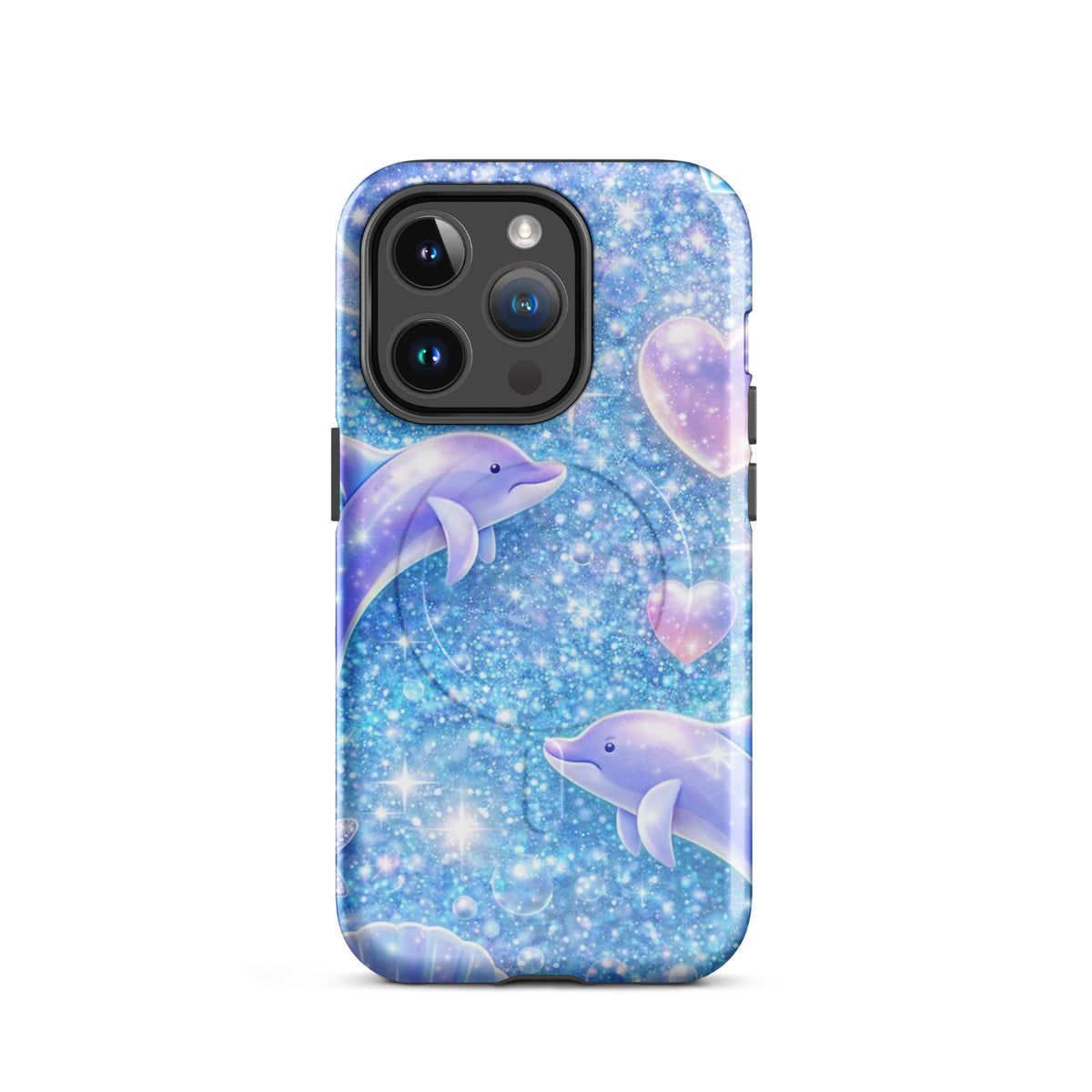 Magnetic Phone Case for iPhone with Ocean Glitter Dolphins design, featuring shimmering liquid glitter, dolphins, and celestial accents.