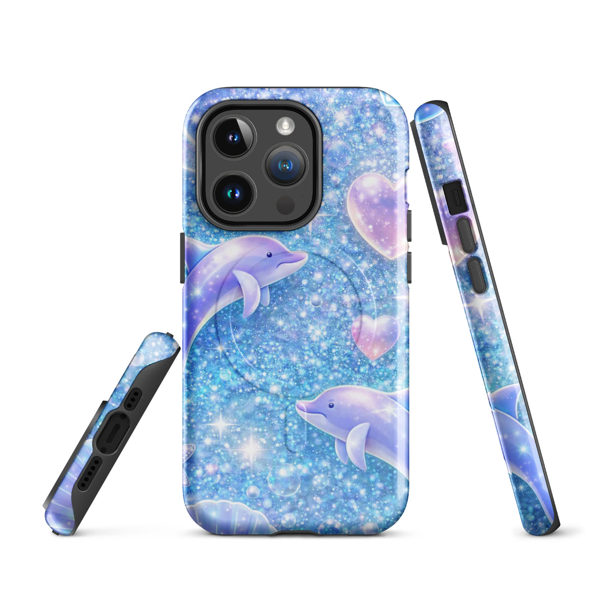 Magnetic Phone Case for iPhone with Ocean Glitter Dolphins, shimmering liquid glitter, and pastel celestial accents.