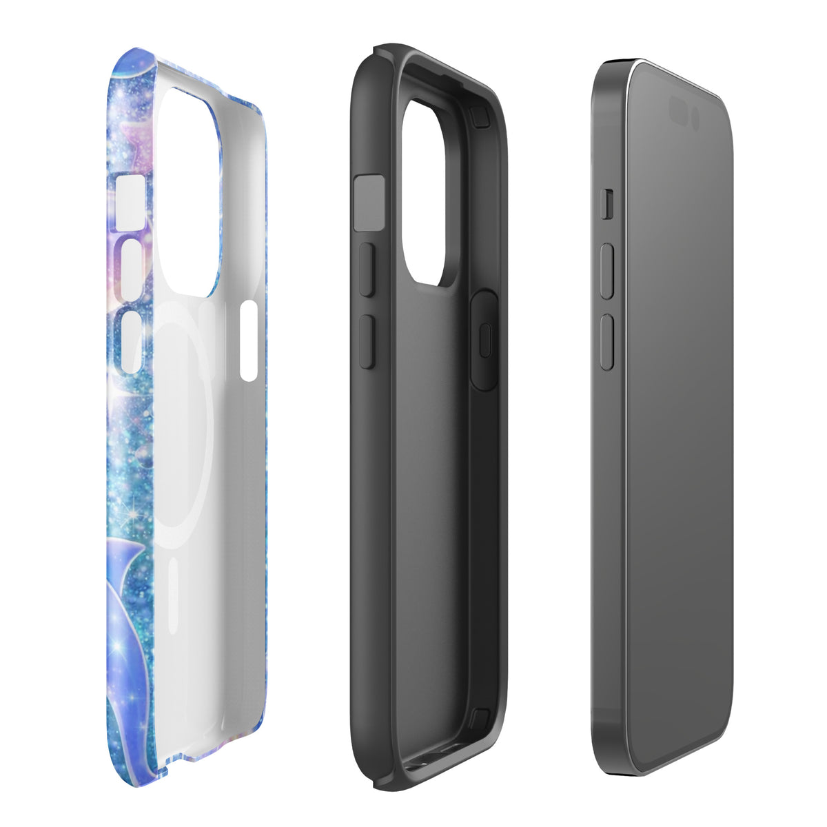 Magnetic Phone Case for iPhone with Ocean Glitter Dolphins design showcasing magical underwater elements.