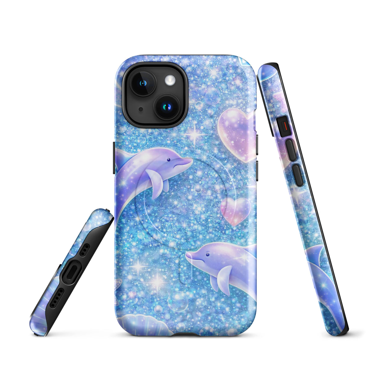 Magnetic Phone Case for iPhone with Ocean Glitter design, featuring dolphins and celestial accents, blue glitter sparkle