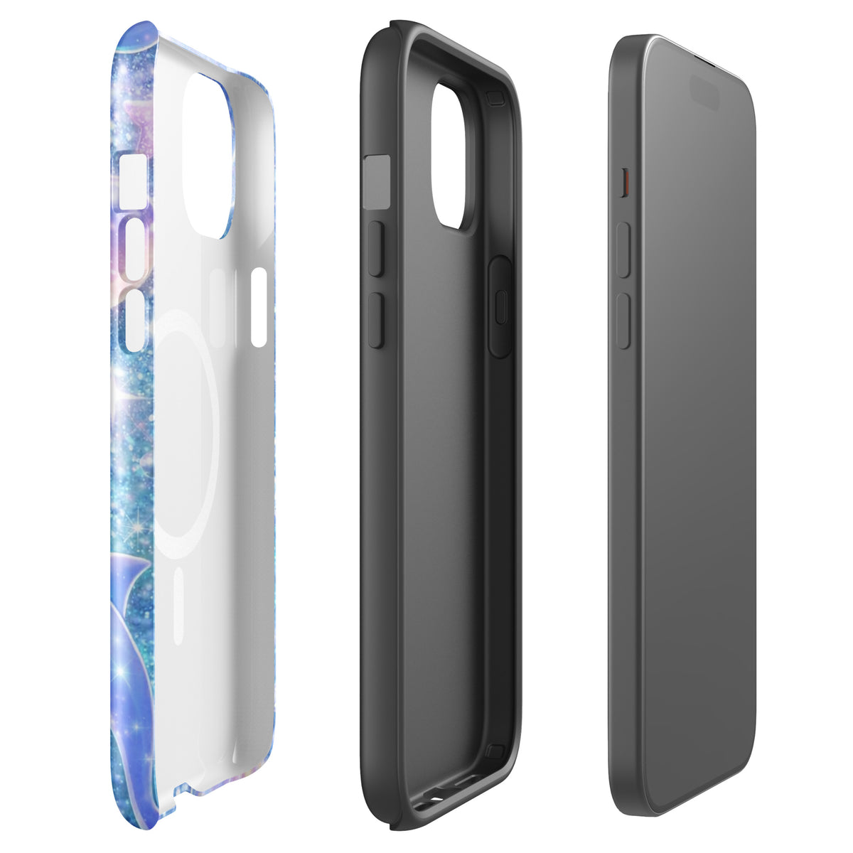 Side view of Ocean Glitter Dolphins Magnetic Phone Case for iPhone with shimmering liquid glitter and floating dolphin design.