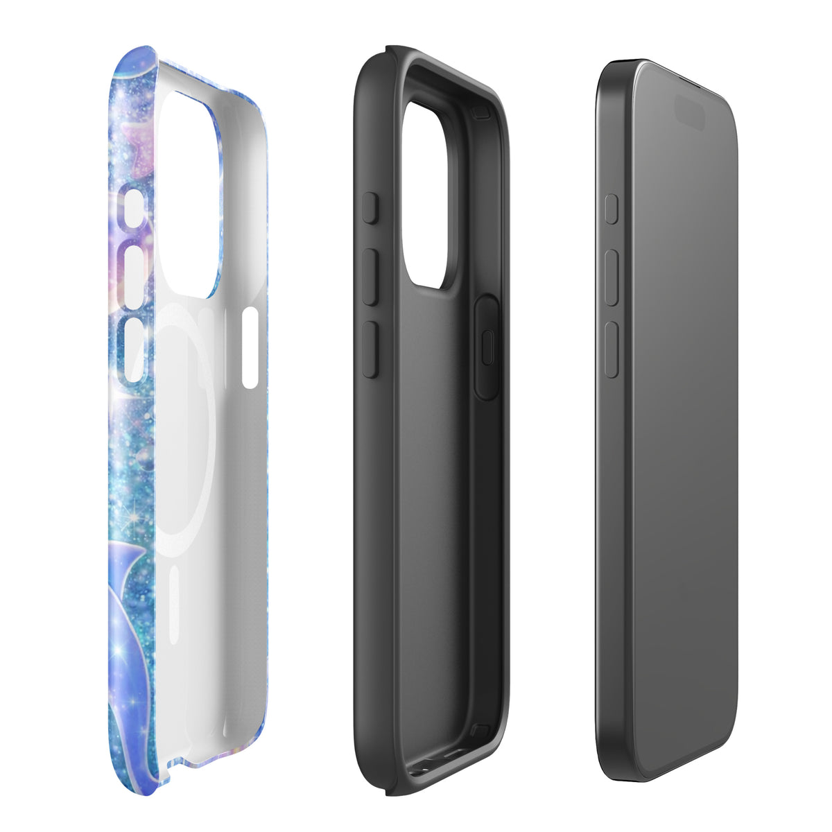 Magnetic Phone Case for iPhone with Ocean Glitter Dolphins design featuring shimmering glitter and floating celestial accents.