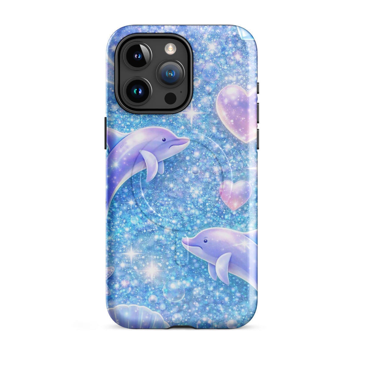 Magnetic Phone Case for iPhone with Ocean Glitter design featuring dolphins and celestial accents.