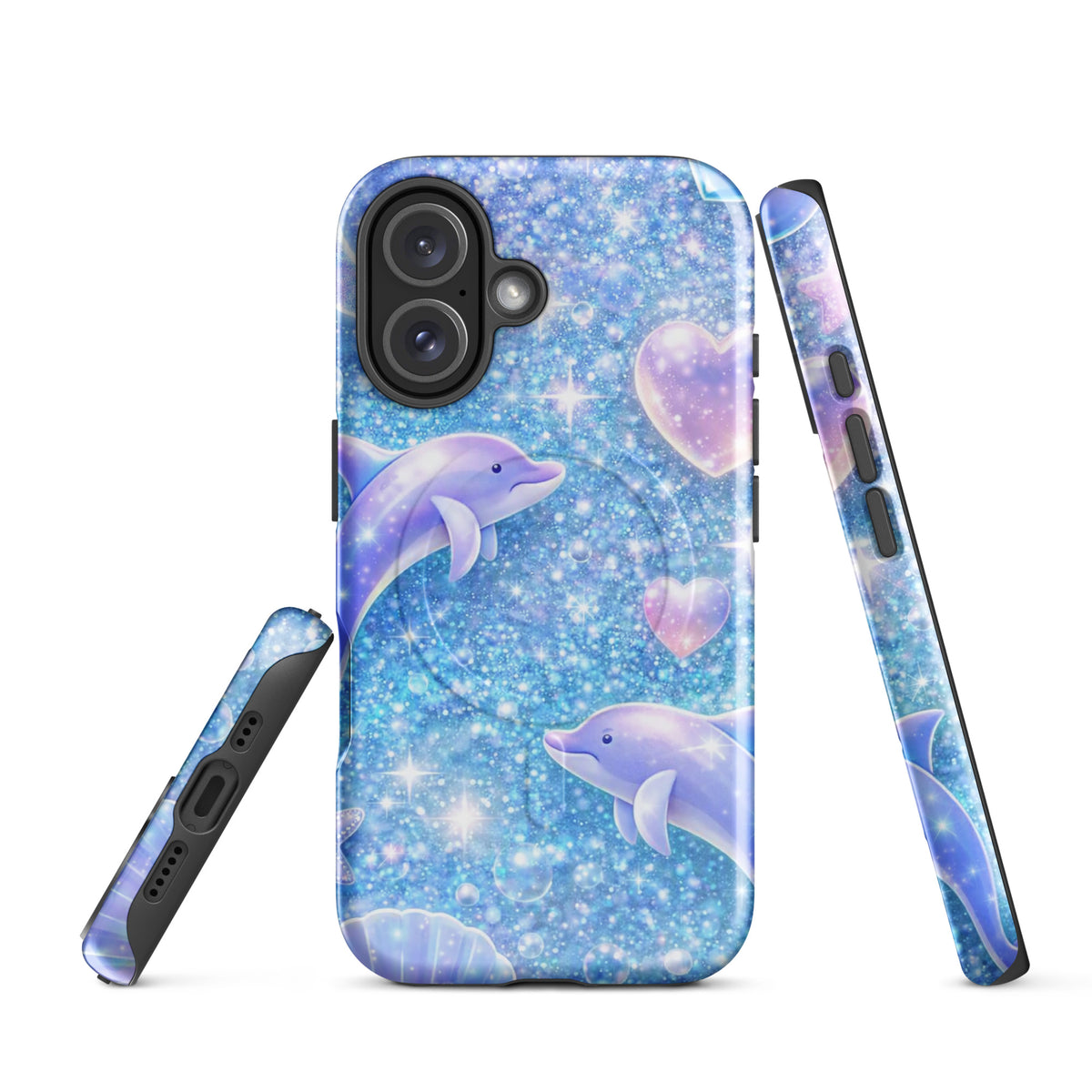 Magnetic Phone Case for iPhone with Ocean Glitter Dolphins design, featuring sparkling liquid glitter and playful dolphin imagery.