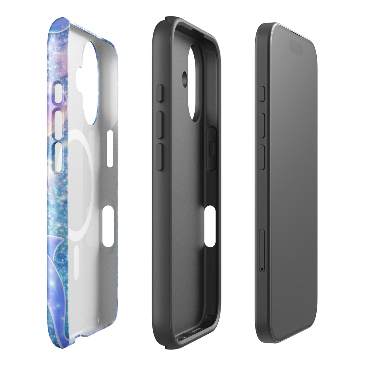 Magnetic Phone Case for iPhone with Ocean Glitter Dolphins, featuring liquid glitter and floating dolphins in a celestial design.