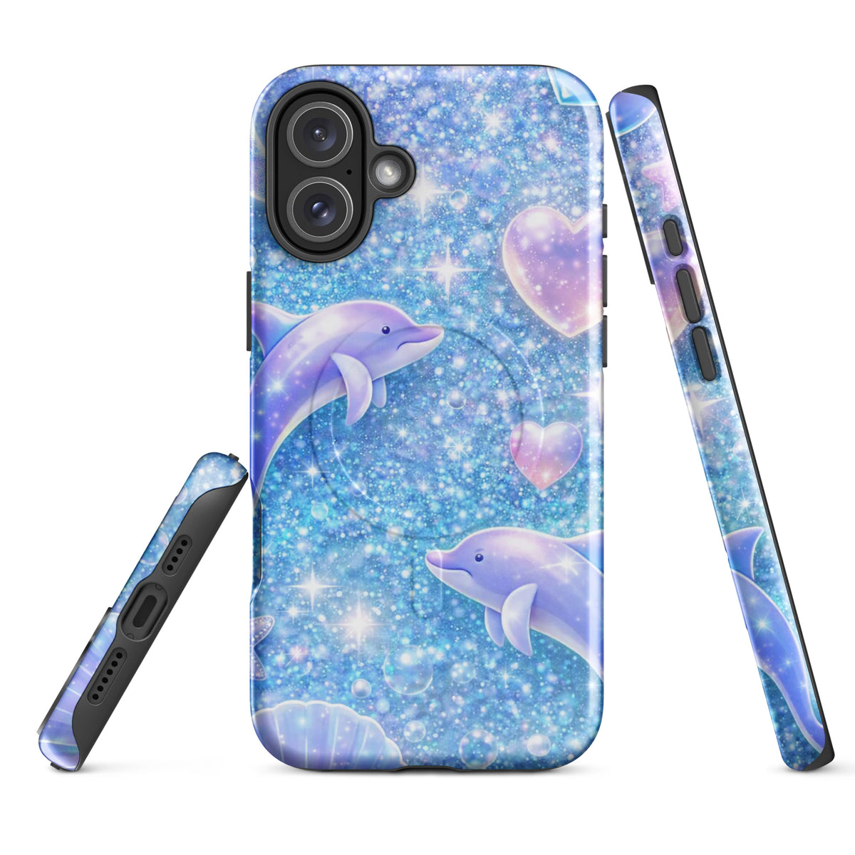Magnetic Phone Case - Ocean Glitter Dolphins design with shimmering dolphins, celestial accents, and liquid glitter for iPhone.