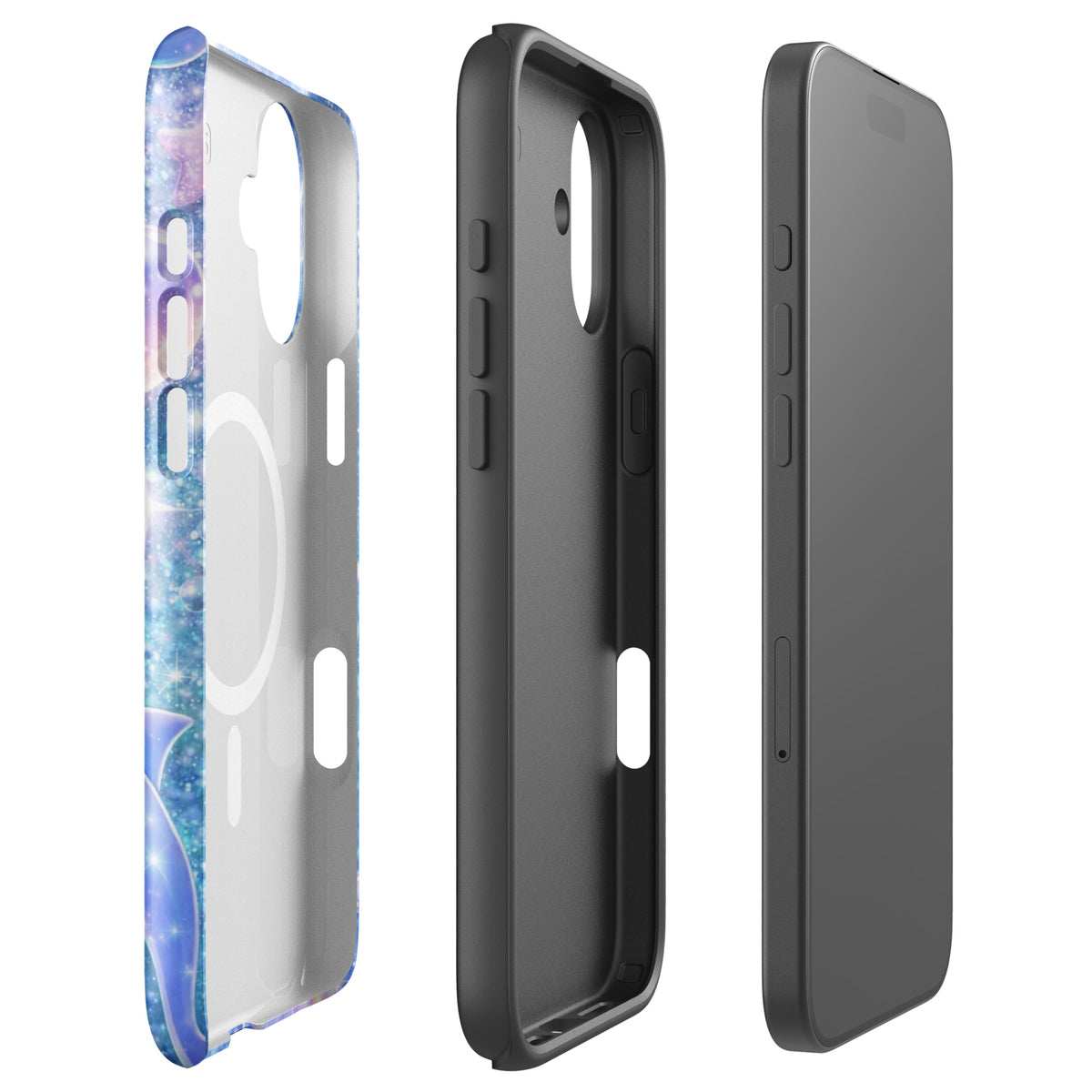Magnetic Phone Case for iPhone with Ocean Glitter Dolphins design, featuring floating dolphins and celestial accents.