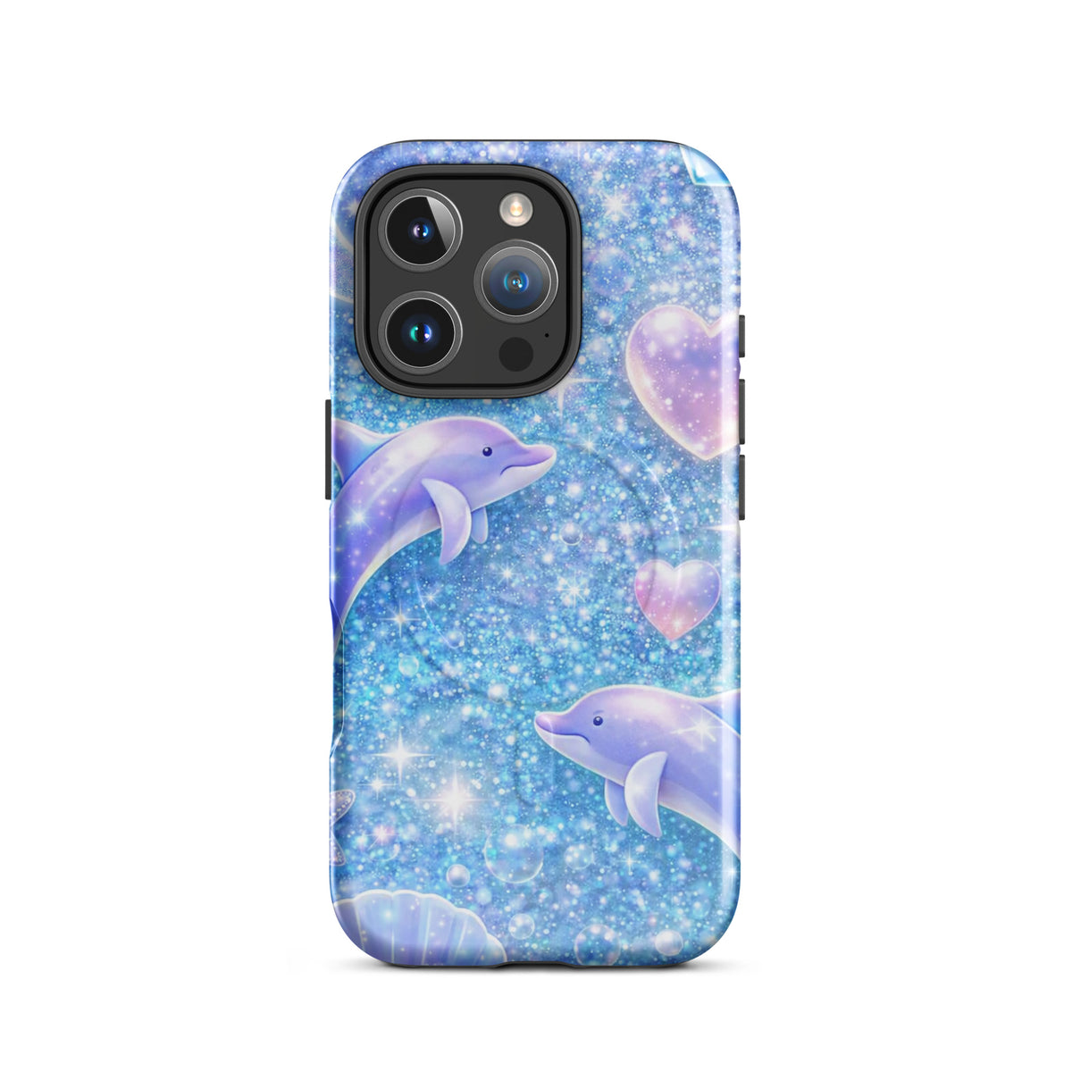 Magnetic Phone Case with Ocean Glitter Dolphins design, featuring shimmering liquid glitter, floating dolphins, and celestial accents.
