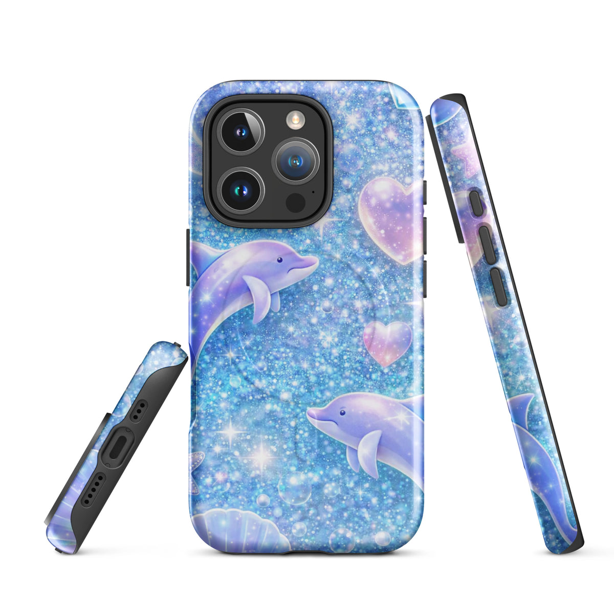 Magnetic Phone Case for iPhone with Ocean Glitter Dolphins and celestial design
