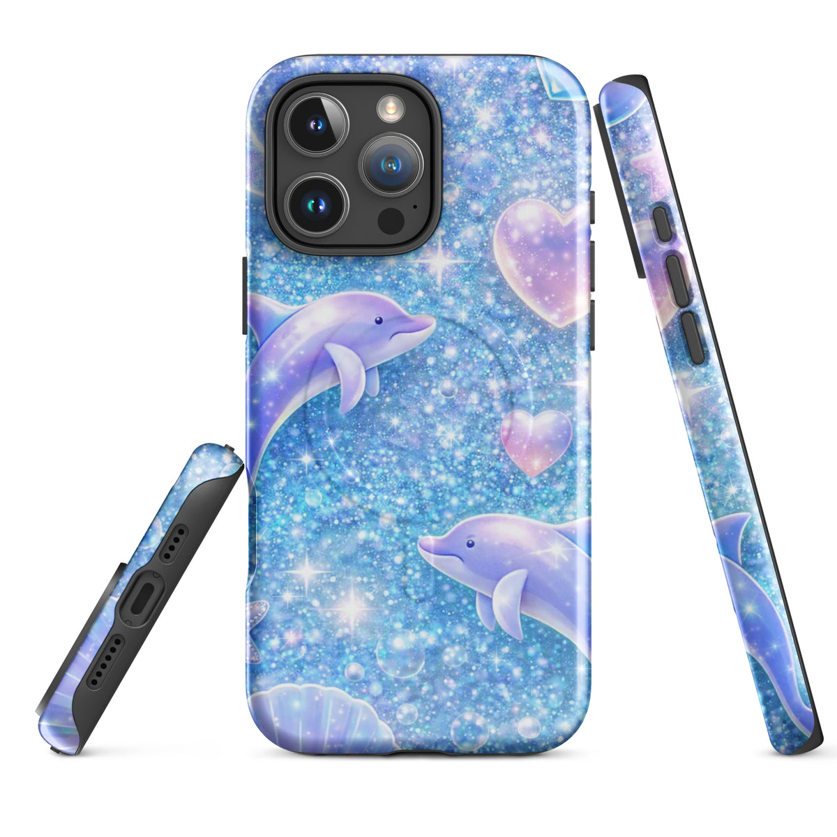 Magnetic Phone Case for iPhone - Ocean Glitter Dolphins design with shimmering glitter, floating dolphins, pastel moons, and shells.