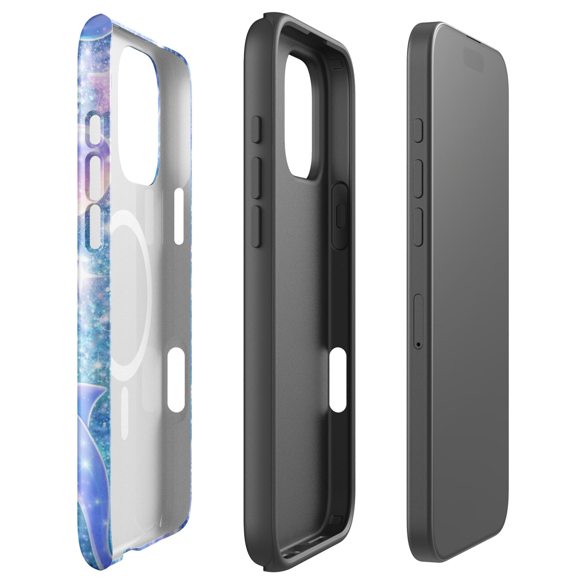 Magnetic Phone Case with Ocean Glitter Dolphins design, featuring shimmering glitter and playful dolphins, for iPhone protection.