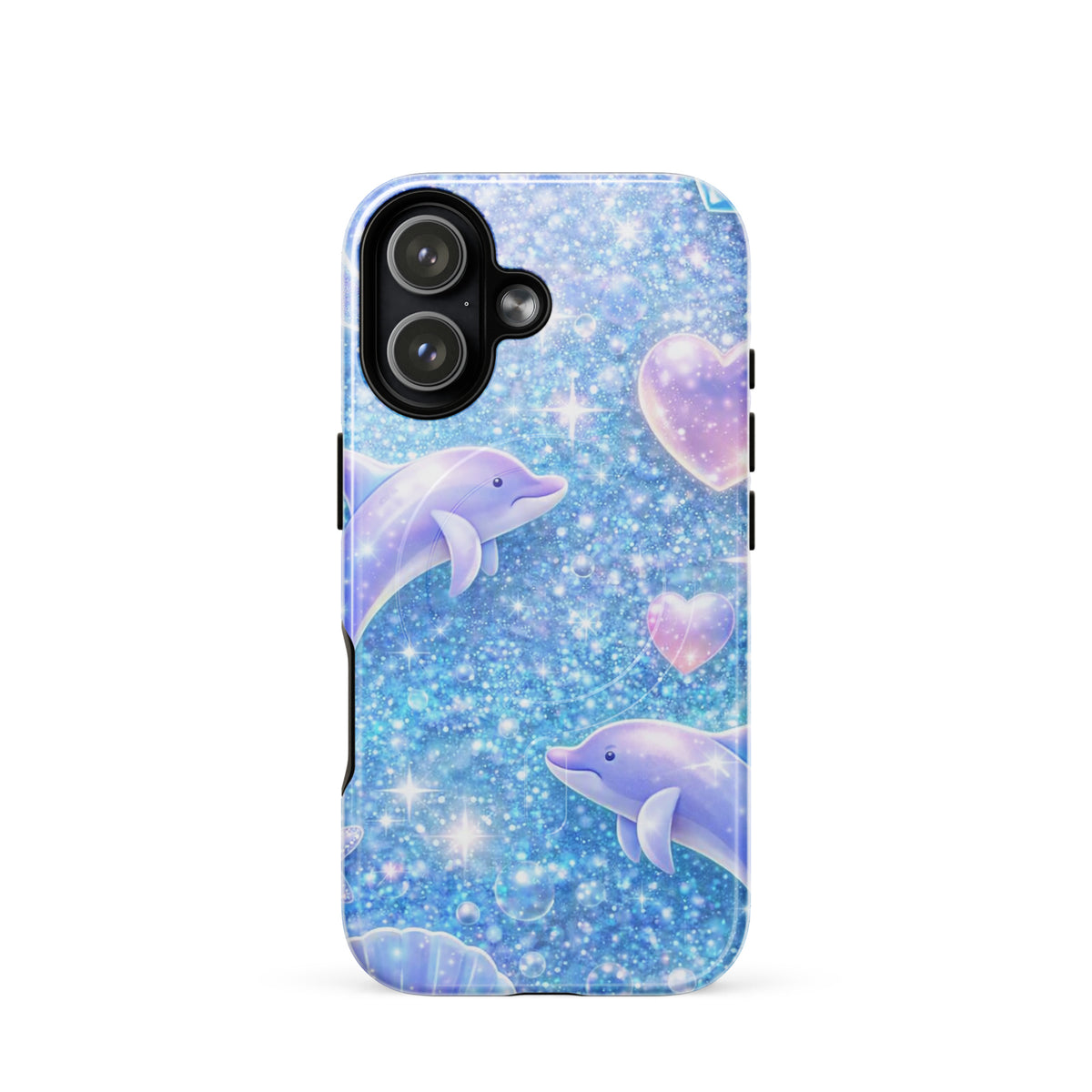 Magnetic Phone Case for iPhone with Ocean Glitter Dolphins design, featuring pastel moons and shimmering celestial accents.