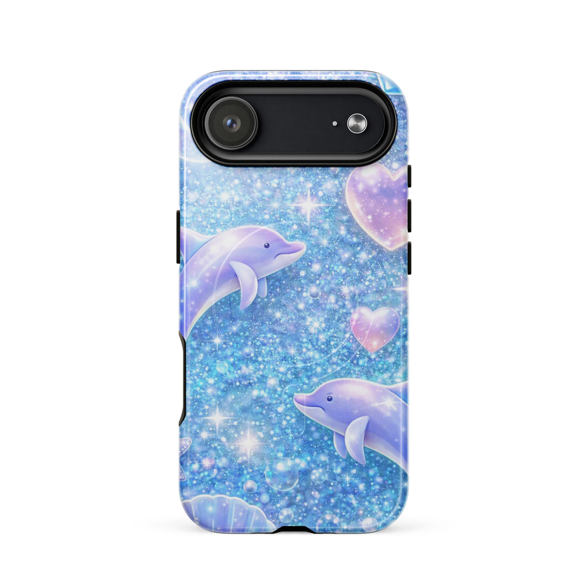 Magnetic Phone Case for iPhone with Ocean Glitter Dolphins design, featuring sparkling liquid glitter, pastel moons, and dolphins.