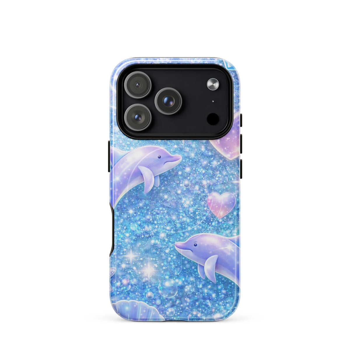 Magnetic Phone Case with Ocean Glitter Dolphins design, featuring shimmering liquid glitter, pastel moons, and celestial accents.