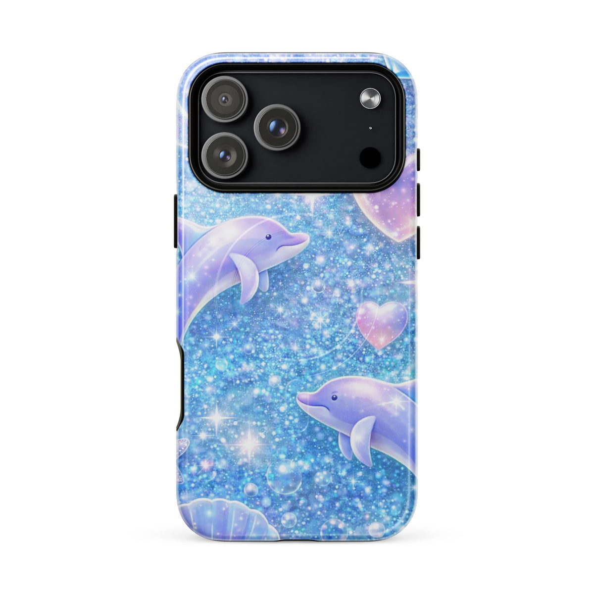Magnetic Phone Case for iPhone with Ocean Glitter Dolphins design, featuring sparkling liquid glitter and floating dolphins.