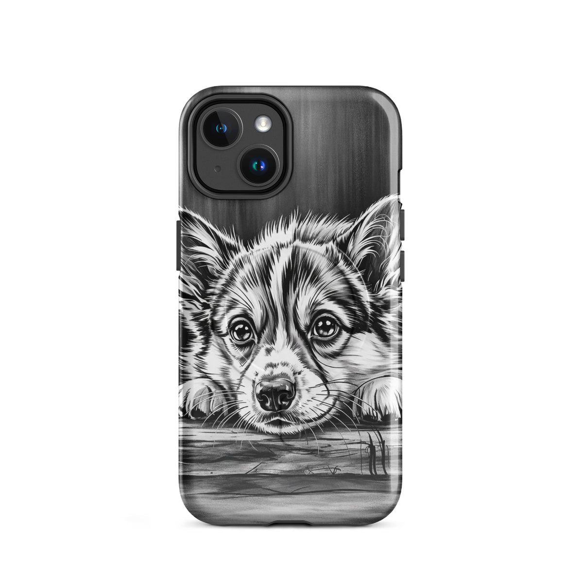 Magnetic Phone Case with puppy art design, black-and-white illustration, elegant iPhone protection, luxury monochrome style.