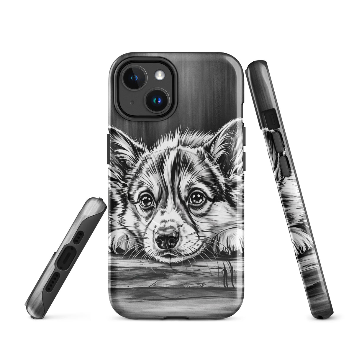 Magnetic Phone Case with puppy art design for iPhone, featuring elegant black-and-white illustration, premium protection