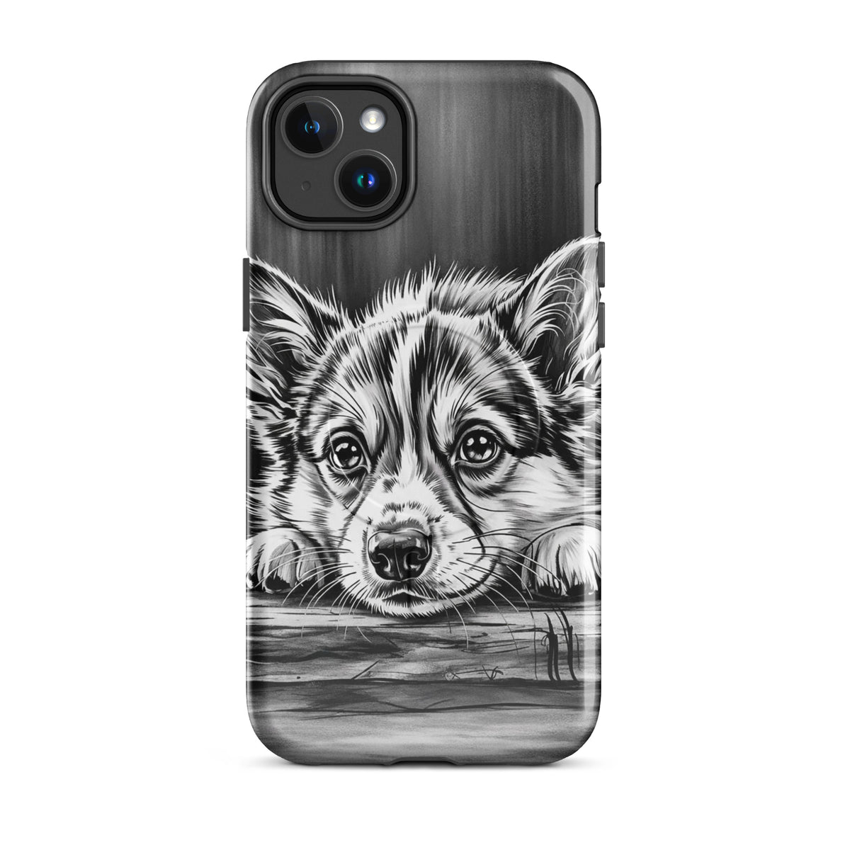 Magnetic Phone Case featuring monochrome puppy art on aged wood, designed for protection and elegance.