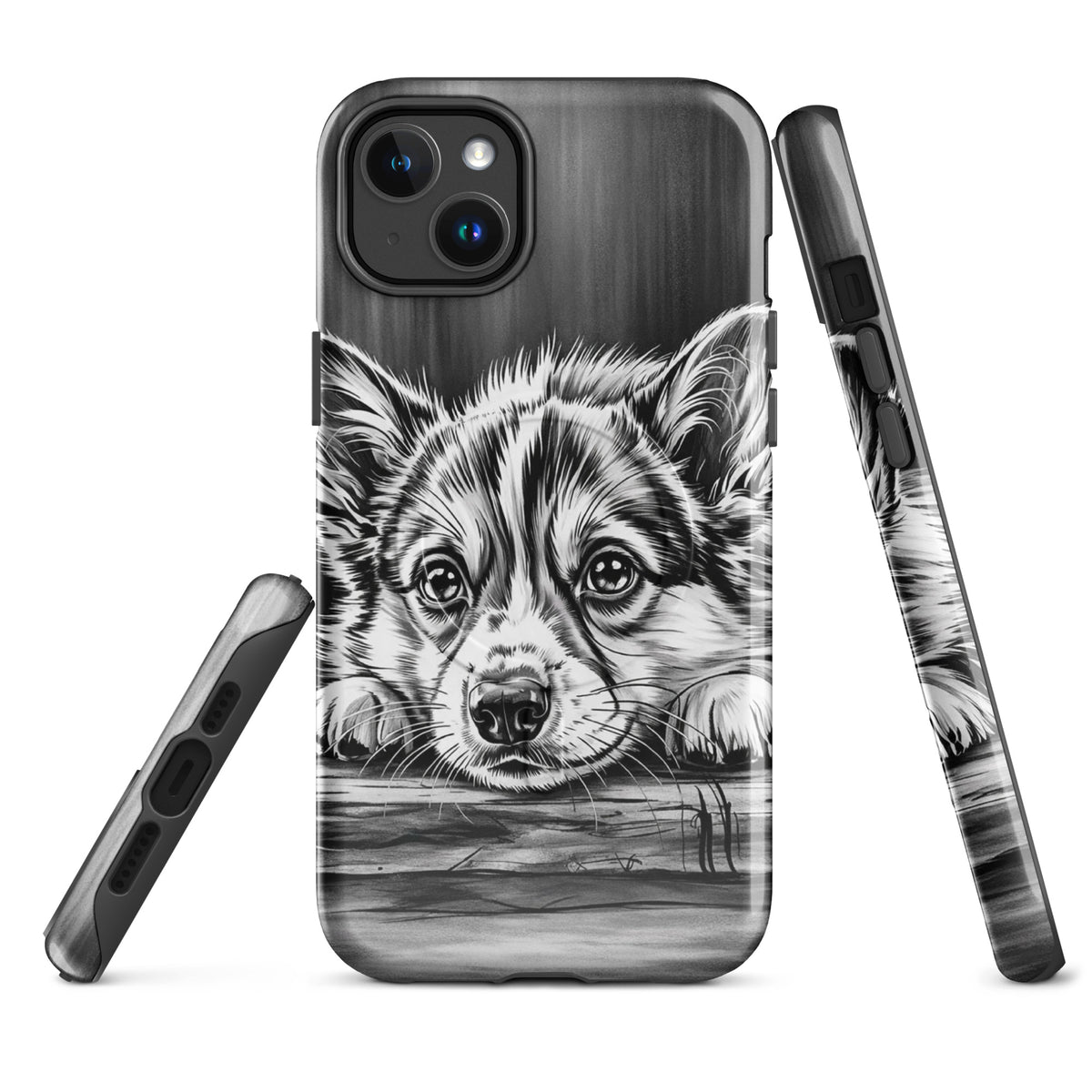 Magnetic Phone Case with elegant black-and-white puppy art, offering premium protection for iPhone.