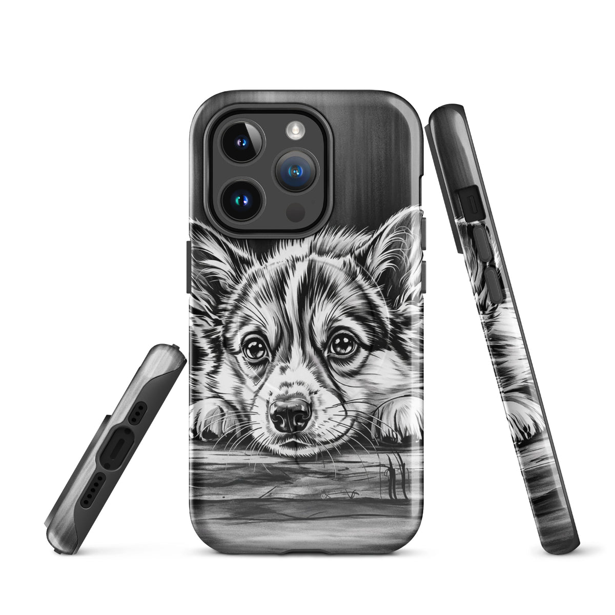 Magnetic Phone Case for iPhone with elegant puppy art in black and white, offering stylish protection with a refined gallery-style look.