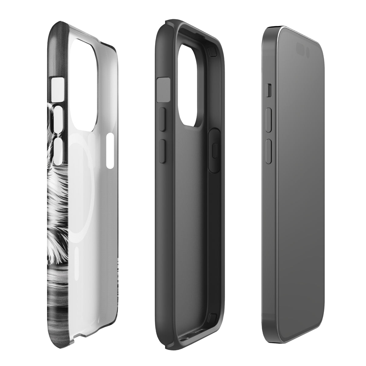 Magnetic Phone Case with elegant puppy art design, iPhone protection, black and white illustration, refined gallery-style look