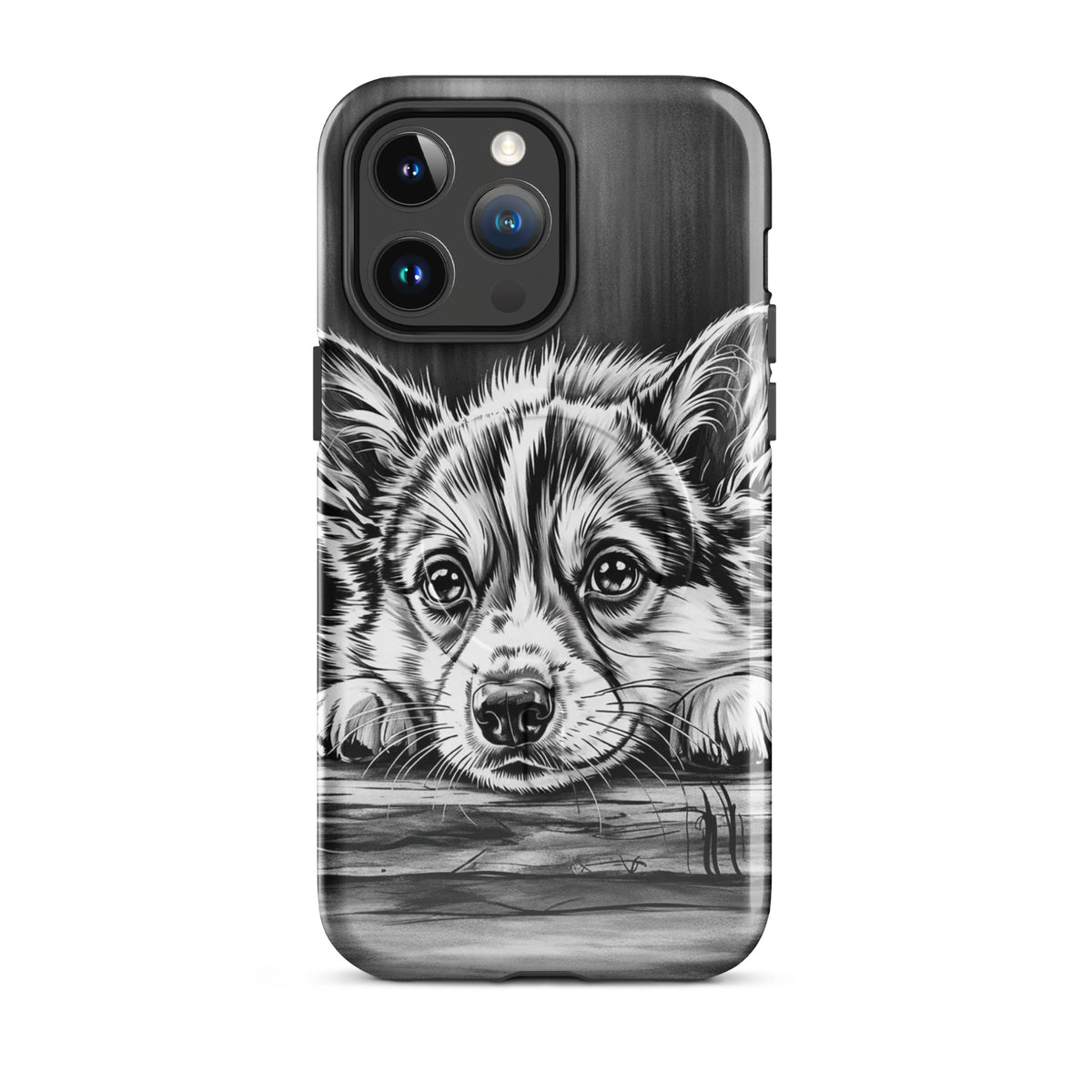 Magnetic Phone Case for iPhone with elegant black-and-white puppy illustration providing premium protection.
