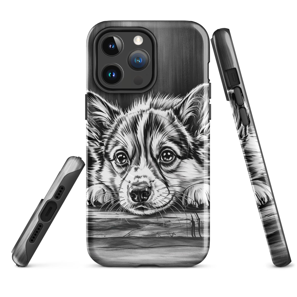 Magnetic Phone Case featuring elegant puppy art on aged wood with premium protection