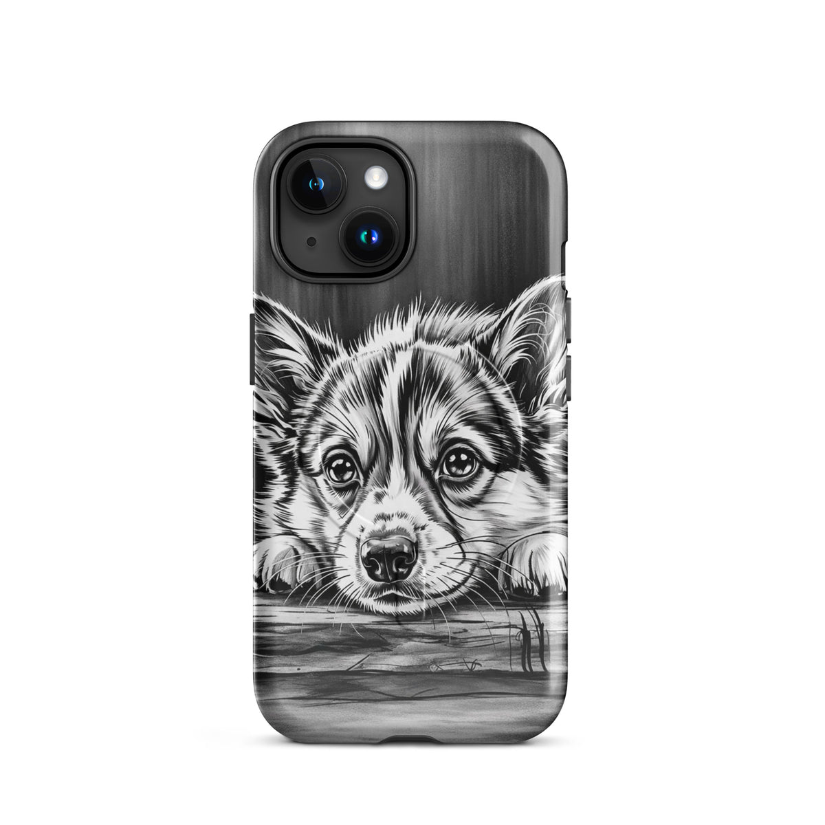 Magnetic Phone Case for iPhone with elegant black-and-white puppy art, offering premium protection and artistic charm.