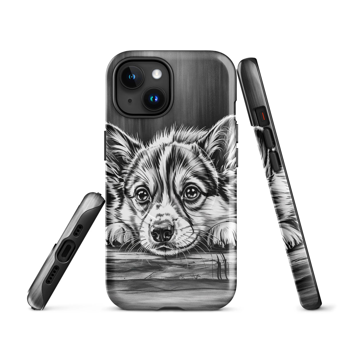 Magnetic Phone Case for iPhone with elegant puppy art in monochrome illustration for premium protection and style.