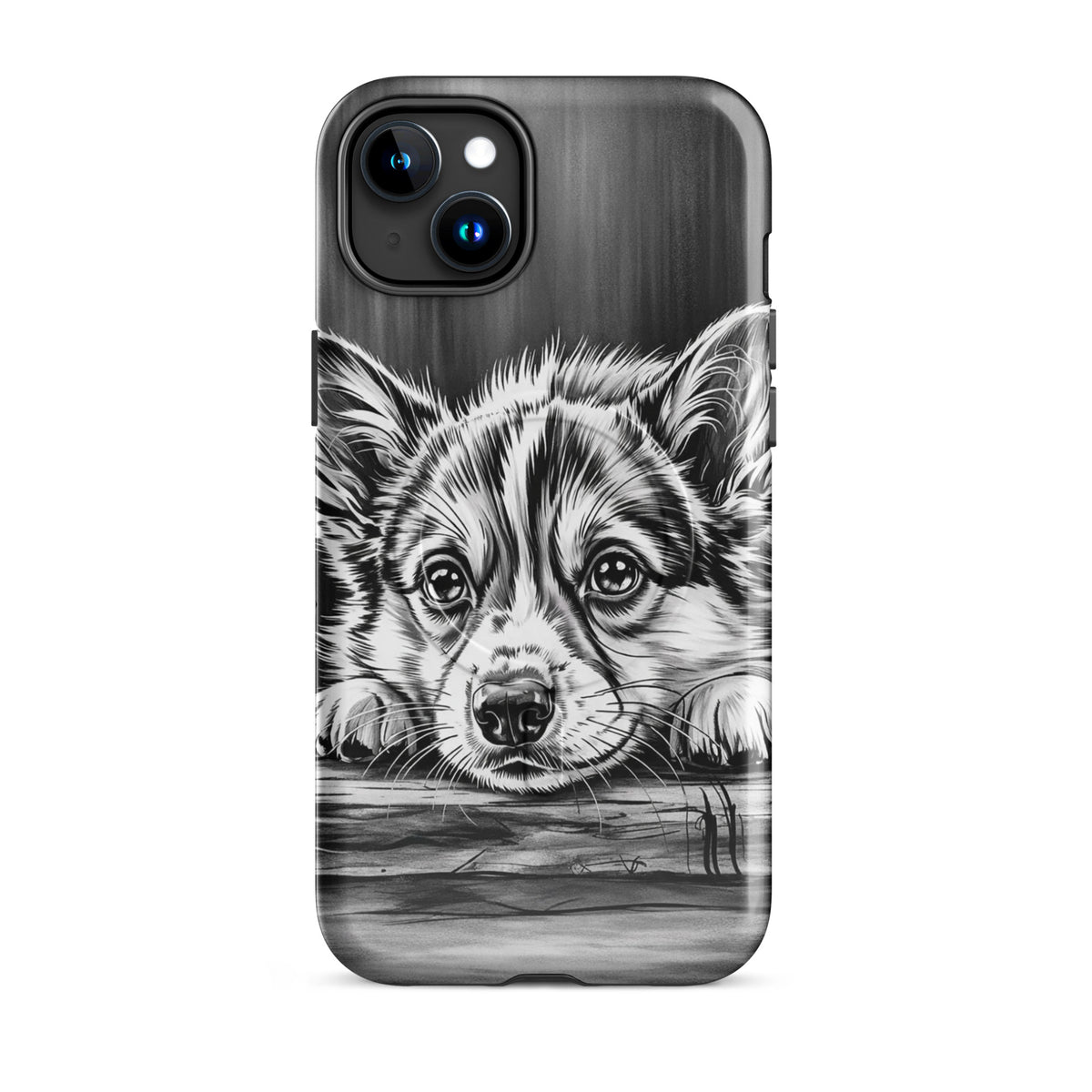 Magnetic Phone Case with elegant black-and-white puppy art for iPhone, offering luxury and protection in a monochrome design.