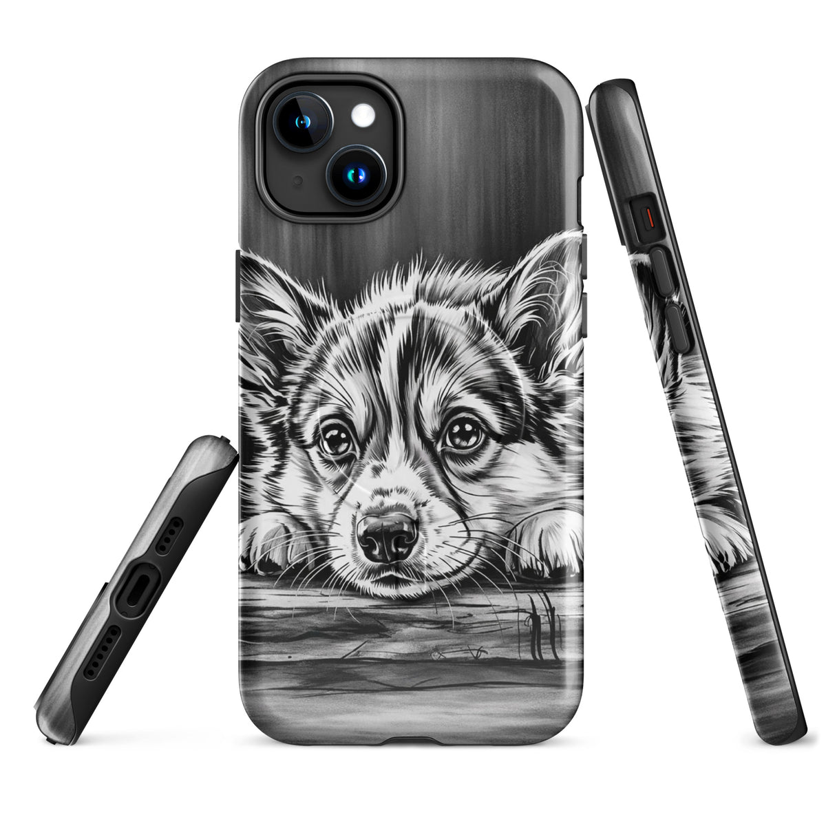 Magnetic Phone Case for iPhone with elegant puppy art, featuring a black-and-white illustration of a puppy on aged wood for stylish protection.