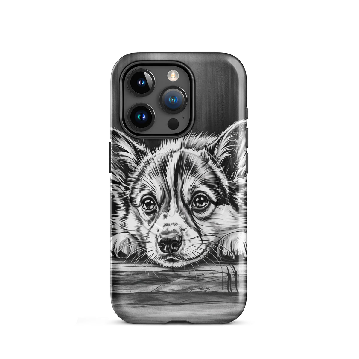 Magnetic Phone Case with elegant puppy art, black and white design, iPhone protection, featuring puppy on wood illustration.