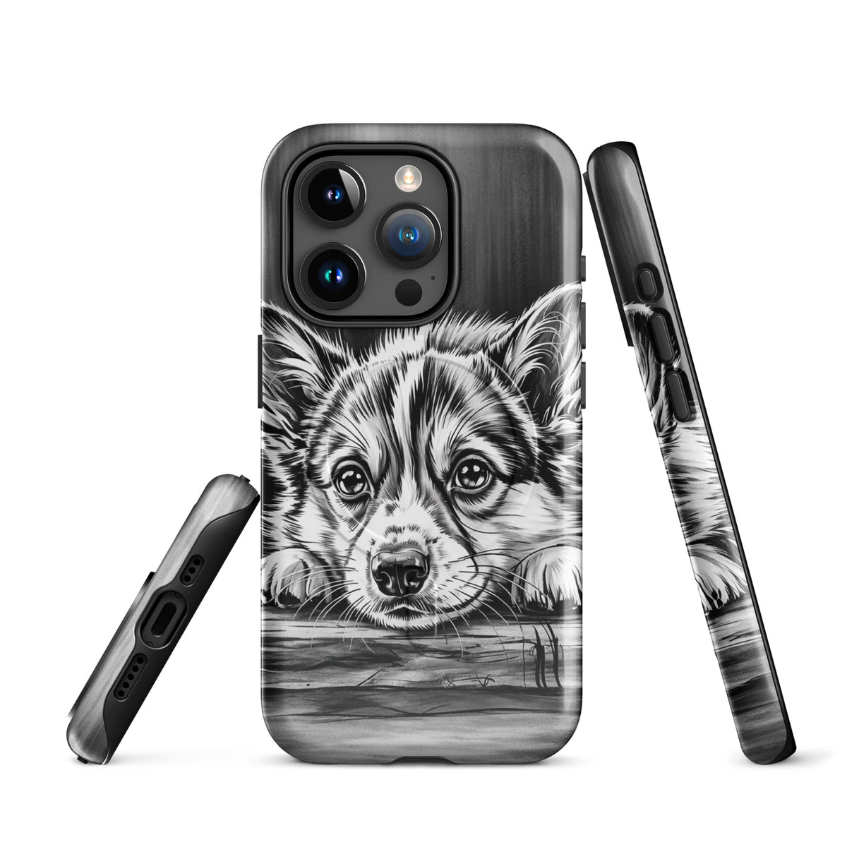 Magnetic Phone Case with elegant puppy art, featuring a black-and-white illustration of a puppy on aged wood, offering premium protection.