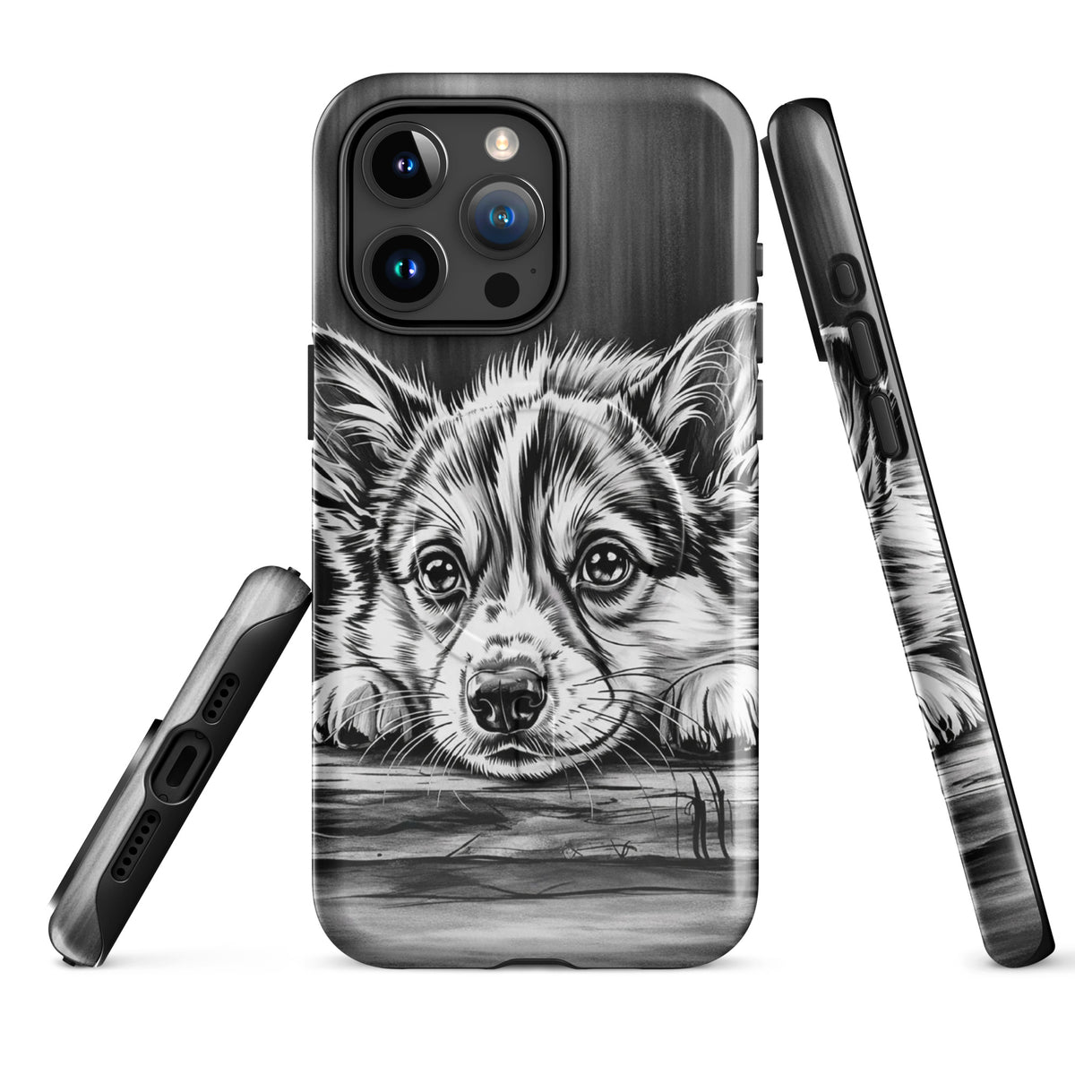 Magnetic Phone Case featuring elegant puppy art with black-and-white illustration, offering luxury design and premium protection for iPhone.