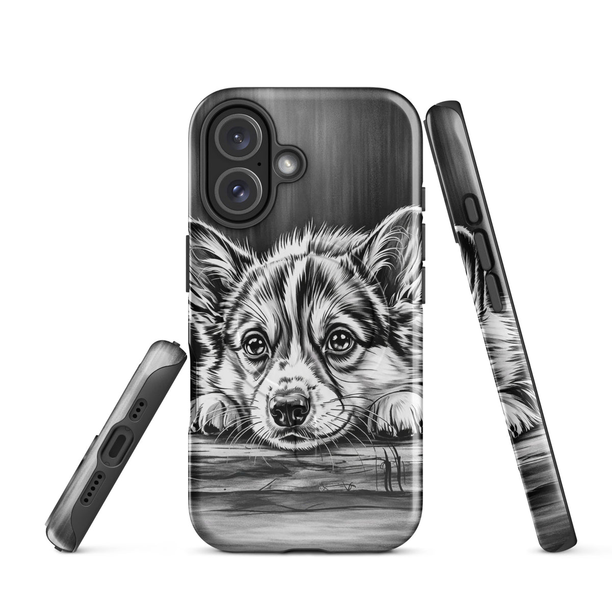 Magnetic Phone Case for iPhone with elegant black-and-white puppy illustration, artistic charm, and premium protection.