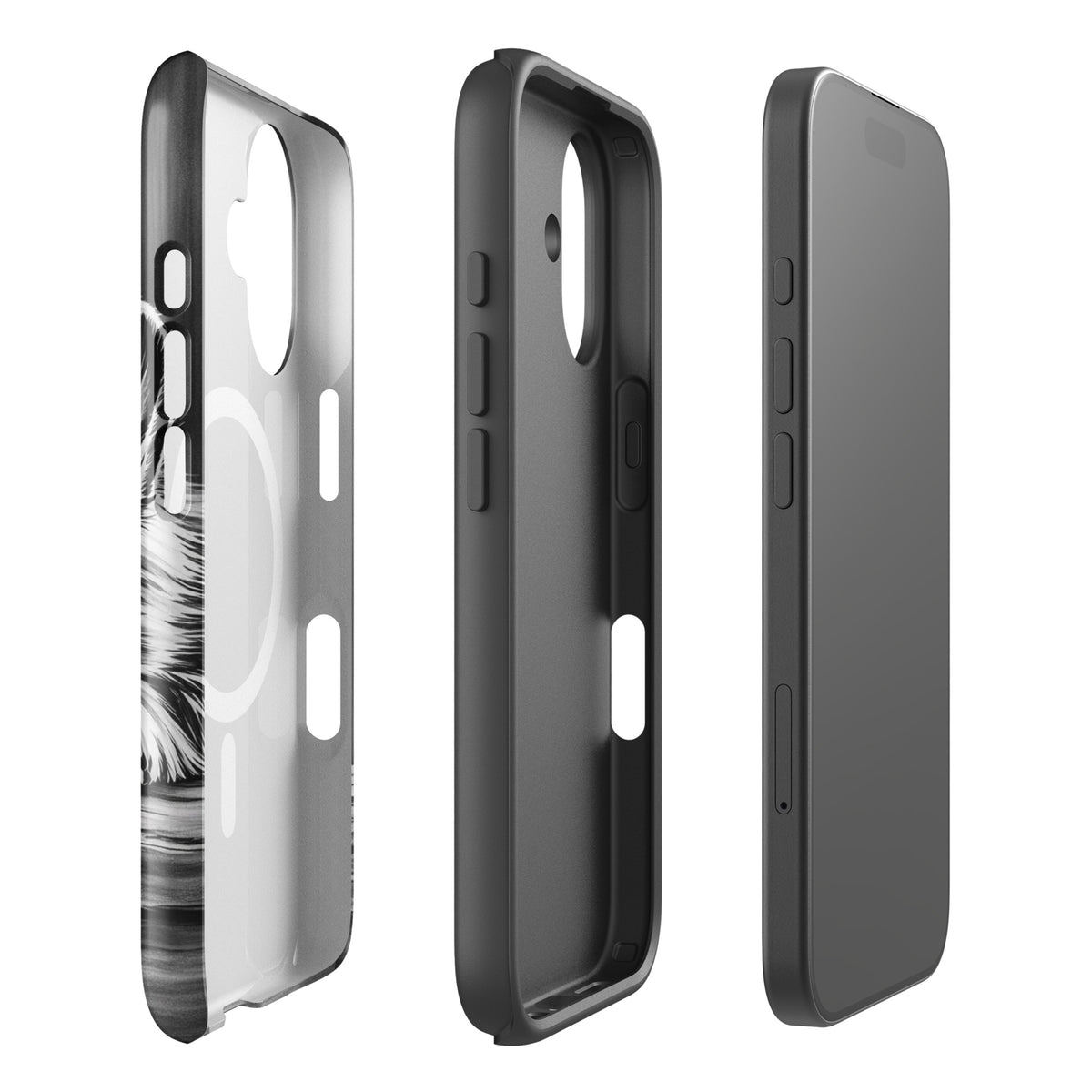 Magnetic Phone Case for iPhone featuring elegant black-and-white puppy art, side and back view, offers premium protection and style.