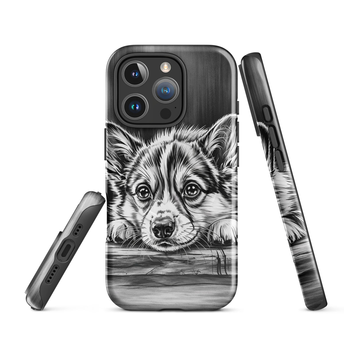 Magnetic Phone Case for iPhone with black-and-white puppy art and elegant protection.