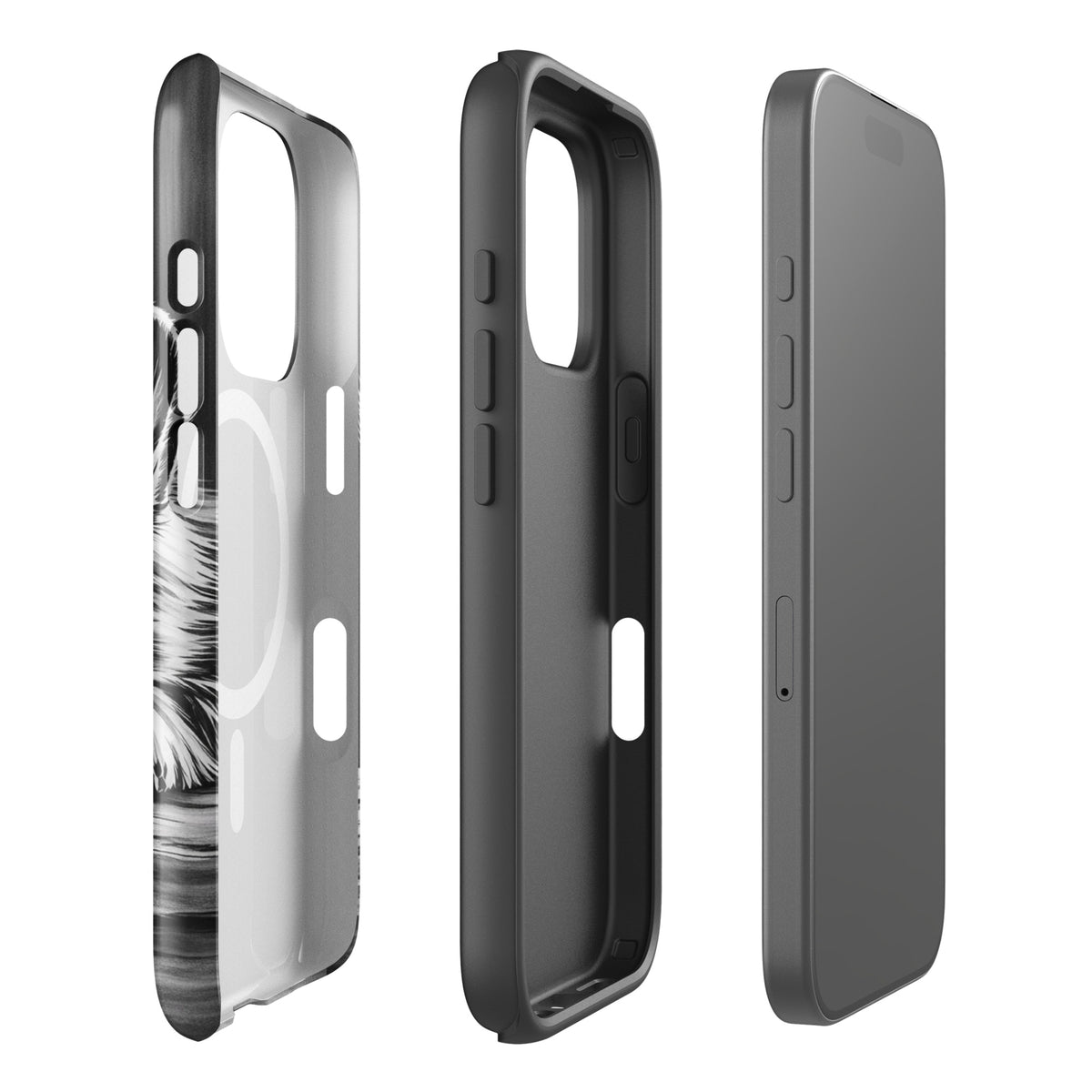 Magnetic Phone Case for iPhone with elegant puppy art and premium protection, showcasing detailed design and monochrome style.